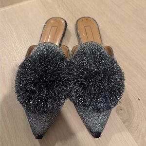 Aquazurra Silver Women's Mules with Pom-Pom
